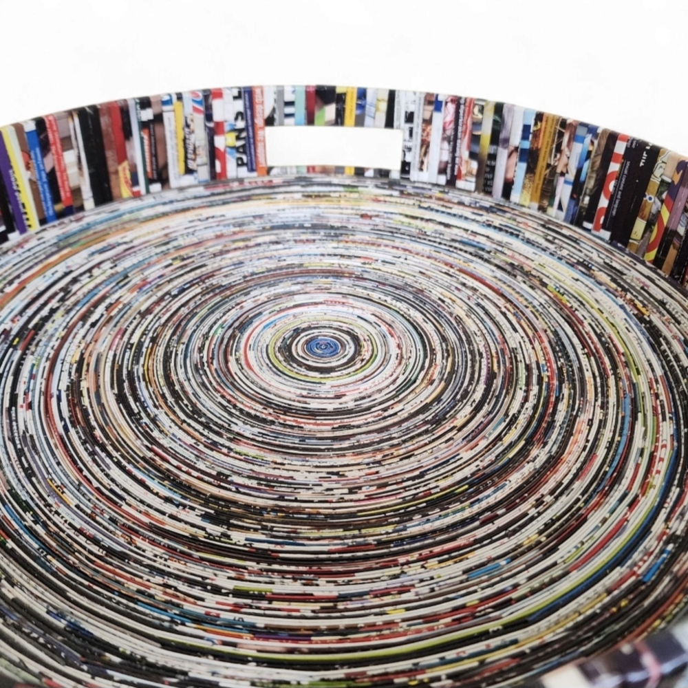 Large Handmade Recycled Magazine Paper Tray Basket 15.5" Boho Catchall Decor - Picture 6 of 9